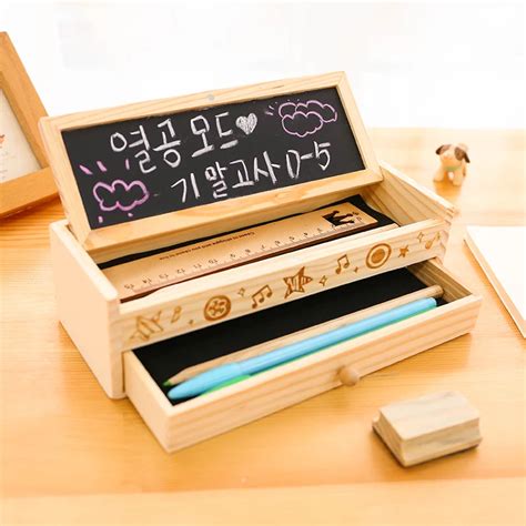 free shipping Multifunctional wooden stationery box large capacity brief pencil box korea ...