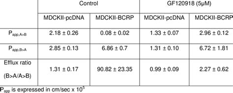 P app and efflux ratio values describing the efflux activity of BCRP... | Download Table