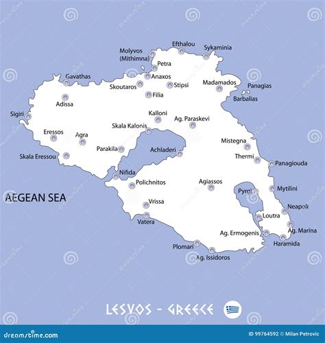 Island of Lesvos in Greece White Map and Blue Background Illustration Stock Vector ...