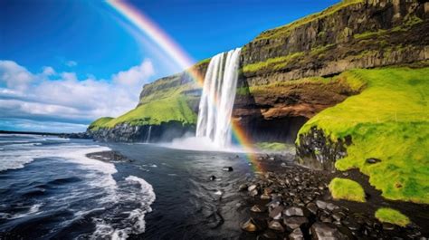 Premium AI Image | a rainbow over a waterfall