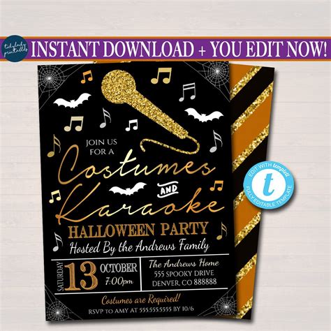 Halloween Karaoke Party Invitation, Costumes and Cocktails Singing Party, Editable Template ...