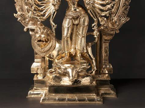 23" Eighteen Armed Bronze Goddess Durga Statue Standing on Bull with ...