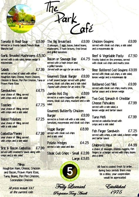 Menu at The Park Cafe, Northampton