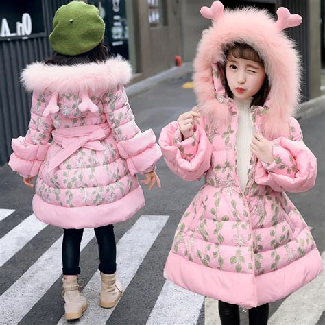 2019 Girls Winter Coat Long Cute Hooded Warm Cotton Coats Children Slim Printing Jackets Kids ...