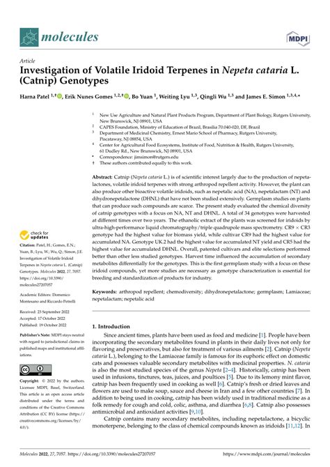 (PDF) Investigation of Volatile Iridoid Terpenes in Nepeta cataria L. (Catnip) Genotypes