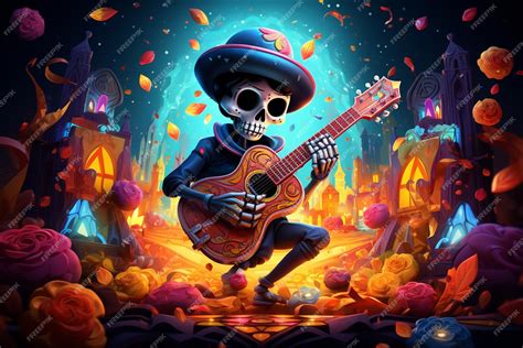 Premium AI Image | realistic sugar skull playing a guitar on a dark background with candle lights