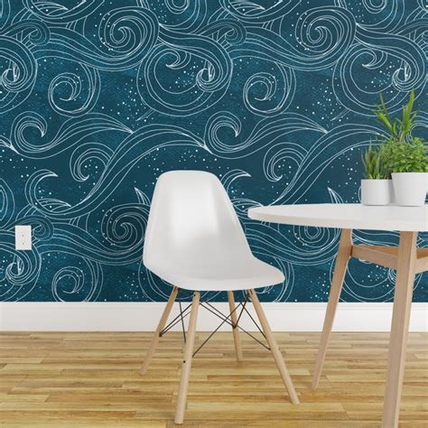 Peel & Stick Wallpaper 2FT Wide Wild Waves Mermaid Ocean Sea Whimsical Abstract Midnight Magical ...