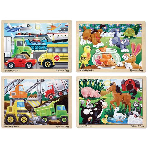 Melissa & Doug Wooden Jigsaw Puzzles Set: Vehicles, Pets, Construction, and Farm (4 puzzles ...