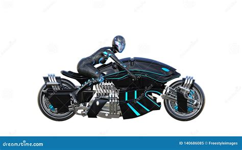 Biker Girl With Helmet Riding A Sci-fi Bike, Black Futuristic Motorcycle Isolated On White ...