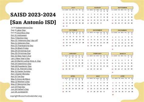 SAISD Calendar with Holidays 2023-2024 [San Antonio ISD]