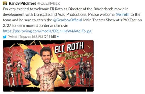 Eli Roth Borderlands Movie Prematurely Announced by Randy Pitchford