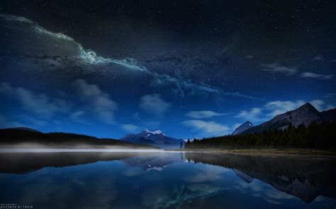 Fond d'écran : nuit, Lac, réflexion, ciel, clair de lune, atmosphère ...