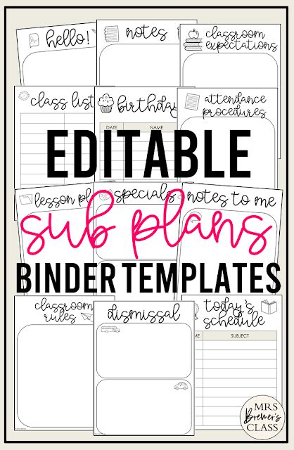 Editable Sub Binder Templates | Mrs. Bremer's Class