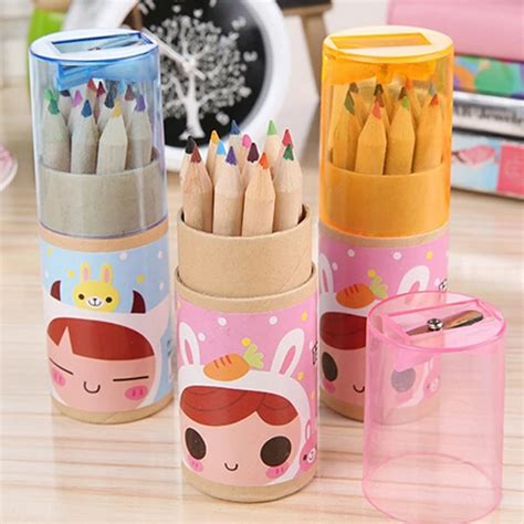 2Barrels/ 24pcs/Lot Stationery Child Mini 12 Color Pencil Cute Wooden ...