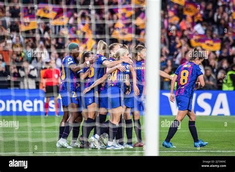 FC Barcelona players celebrate a goal during the UEFA Women's Champions ...