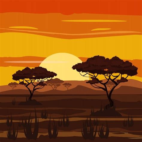 African Landscape, Sunset, Savannah, Nature, Trees, Wilderness, Cartoon ...