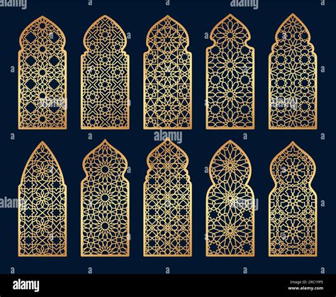 Arabian mosque window and gate patterns, golden arch arabesque ornament ...