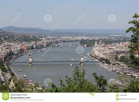 Wide View of Danube River with Bridges and Island Stock Image - Image ...