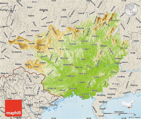 Physical Map of Guangxi, shaded relief outside