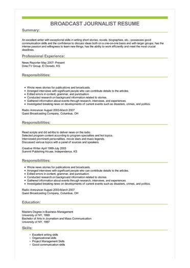 Sample Broadcast Journalist Resume