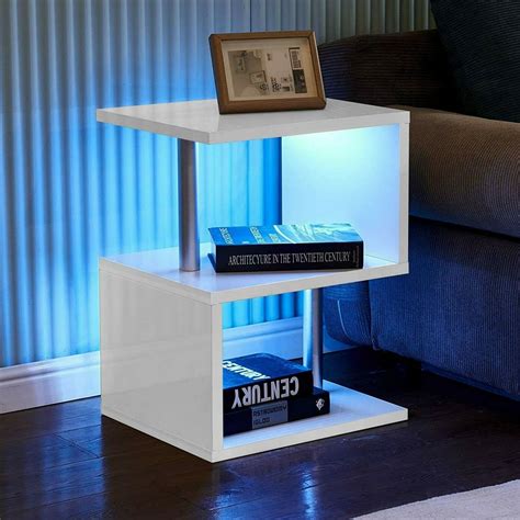 Buy S Shape Led Side Table, Modern High Gloss Coffee Table White, 2 Tier Small Coffee Table With ...