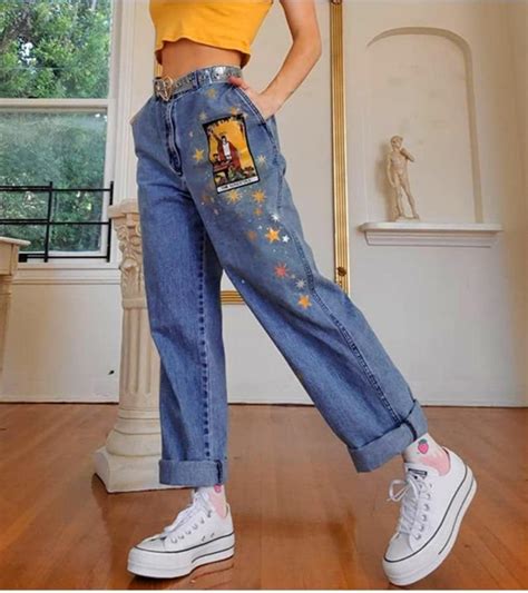 AESTHETIC VINTAGE ART HOE PRINTED DENIM PANTS - Cosmique Studio