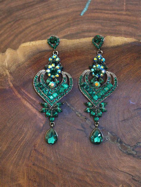 Emerald Green Rhinestone Long Earrings Emerald Green Pageant - Etsy | Emerald green earrings ...