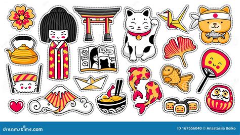 Set of Kawaii Japanese Cartoon Stickers. Kokeshi Doll, Maneki-neko ...