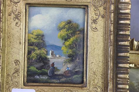 Three small gilt framed oil paintings of 18th century pastoral scenes, two signed by Van Thoren 3 1/