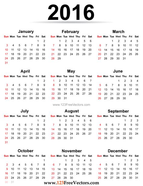 2016 Calendar Printable Free | Download Free Vector Art | Free-Vectors