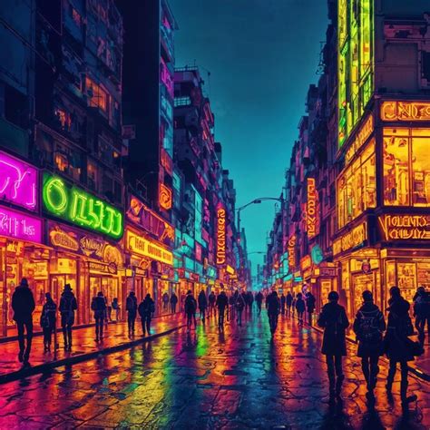 Premium Photo | Crowd of people in neon city world at night generative ai