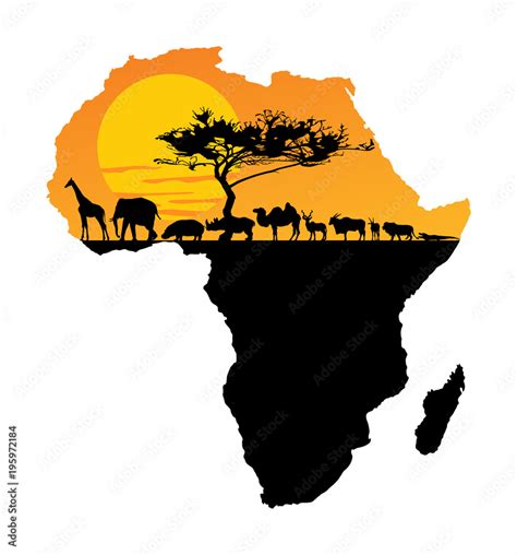 African animals over map of Africa. Safari sunset. Savanna wildlife ...