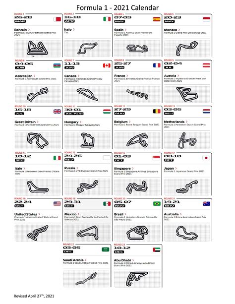 Printable F1 2021 Calendar - Updated April 27th, 2021 : r/formula1