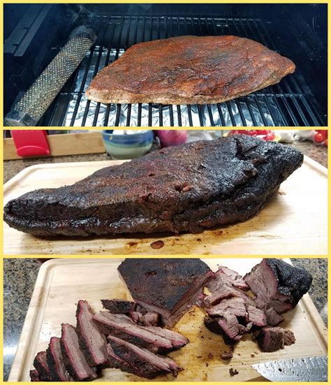 First full brisket on the pellet smoker. 8 lbs after fat trim, low and slow for 9.5 hrs; pellet ...