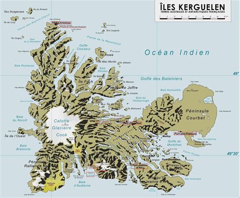 Map of the Kerguelen Islands, also known as the Desolation Islands, with points of interest c ...