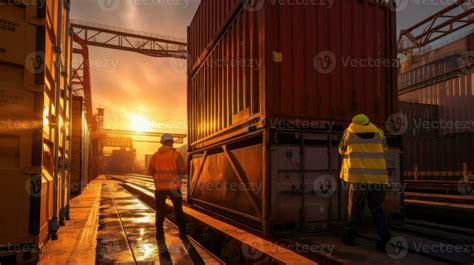 Worker with Crane lifting up container in container yard at sunset. Generative AI. 28529466 ...