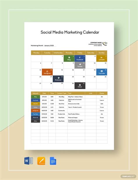 Social Media Marketing Calendar Template in Pages, Word, Google Docs ...