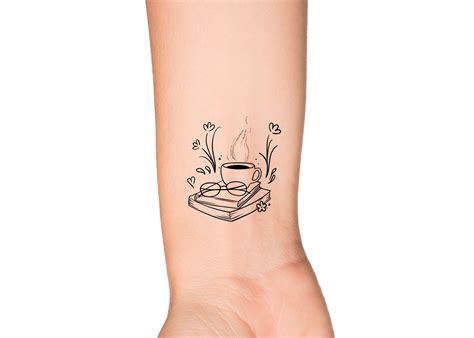 Stack of Books Glasses and Coffee Cup Wildflowers Temporary Tattoo Floral Book Addict Tea Cup ...