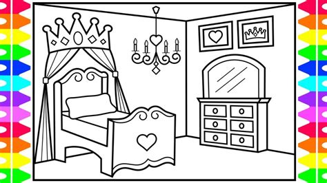 How to Draw a Princess Bedroom for Kids 👑💖💜💚Princess Bedroom Drawing and Coloring Pages for Kids ...