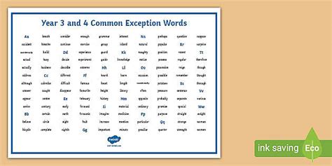 Year 3 and 4 Common Exception Words Word Mat (teacher made)