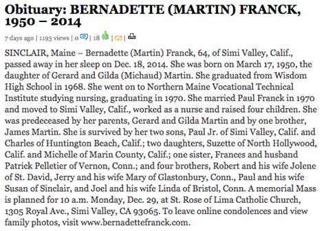 St. John Valley Times Obituary – Bernadette Franck