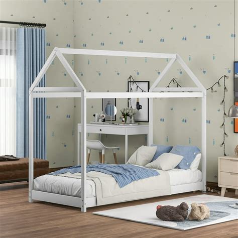 Euroco Twin Wood House Bed Frame with Roof for Toddler Kids,White - Walmart.com - Walmart.com