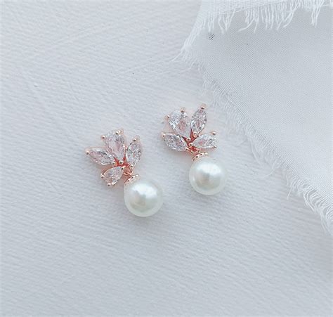 Rose Gold Monroe Pearl Wedding Earrings - Little White Couture