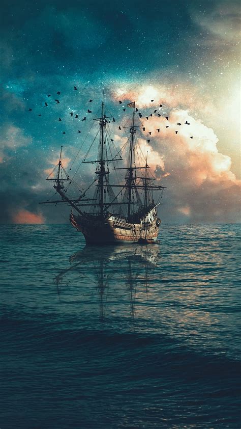 Ship, sea, waves, birds, twilight, HD phone wallpaper | Peakpx