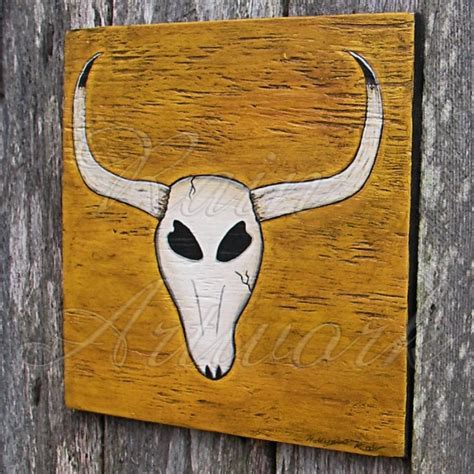 primitive folk art long horn cow skull painting southwestern decor