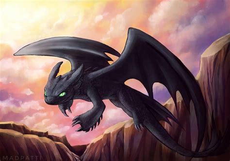 Toothless the Night Fury dragon flying in the sunset sky | Night fury dragon, Mythical creatures ...