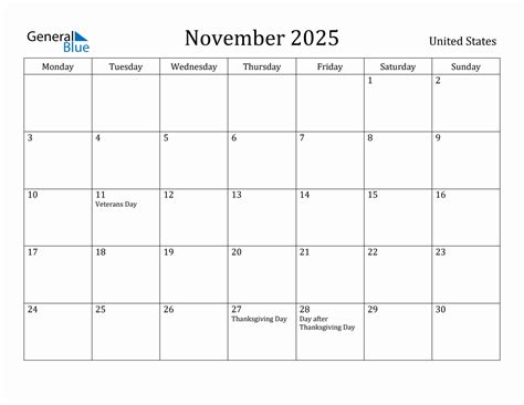 November 2025 - United States Monthly Calendar with Holidays