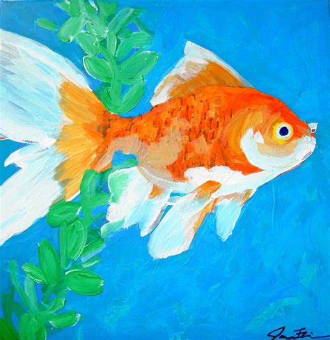 Orange Fantail Goldfish with Ludwigia plant by JARA FRISK | Fish art, Painting, Bird art print