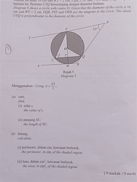 Solved: manu aanrocmdan I-2CI bulatan itu. Perentas UYQ berserenjang dengan diameter bulatan ...