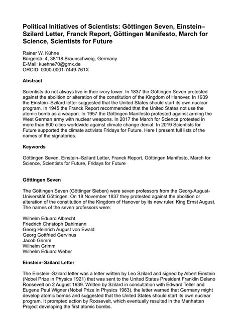 (PDF) Political Initiatives of Scientists: Göttingen Seven, Einstein- Szilard Letter, Franck ...